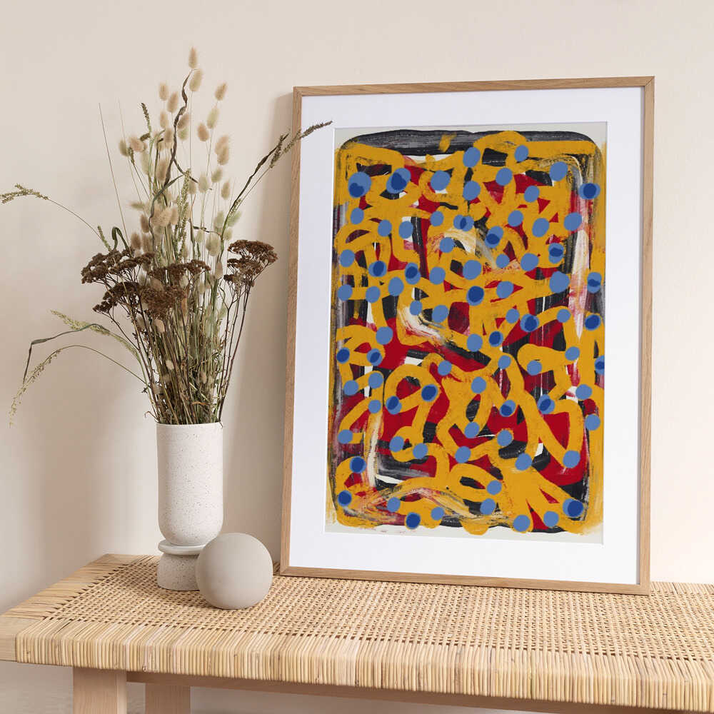 Yellow dotted line and blue polka dot - Art Print by Little Dean