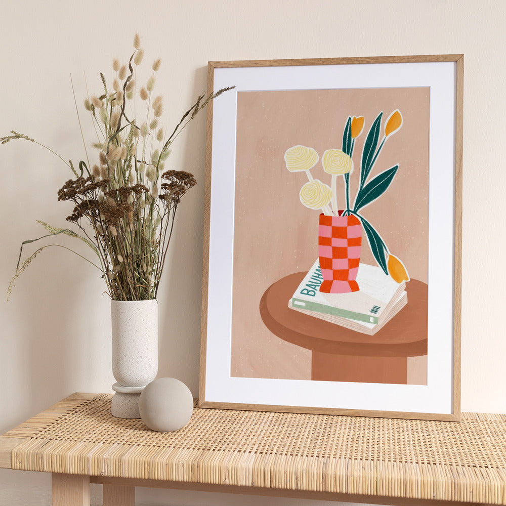 Flower With a Checkered Red Vase - Art Print by Bea Müller