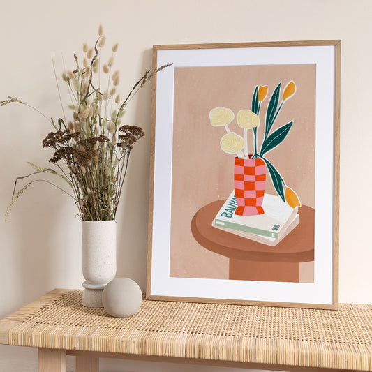 Flower With a Checkered Red Vase - Art Print by Bea Müller