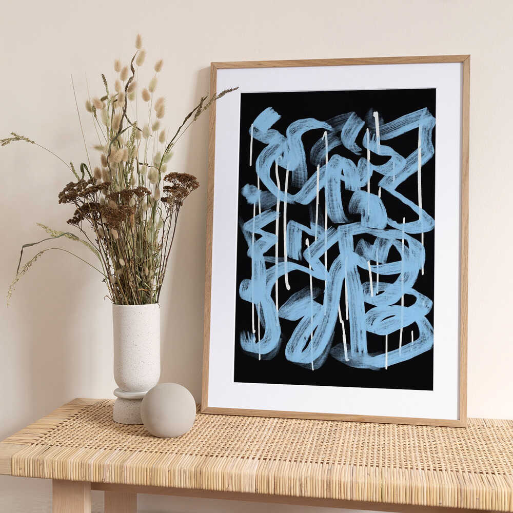 Blue abstract calligraphy - Art Print by Little Dean