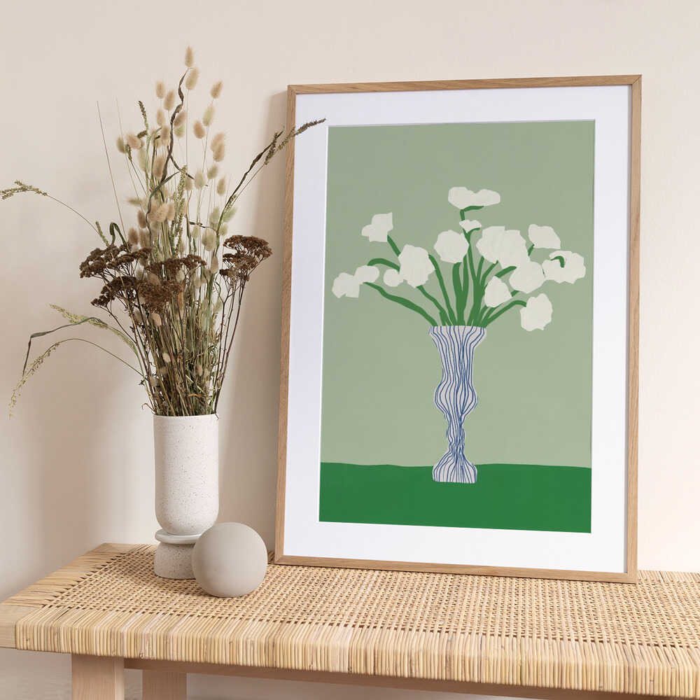 Green background porcelain white flowers - Art Print by Little Dean
