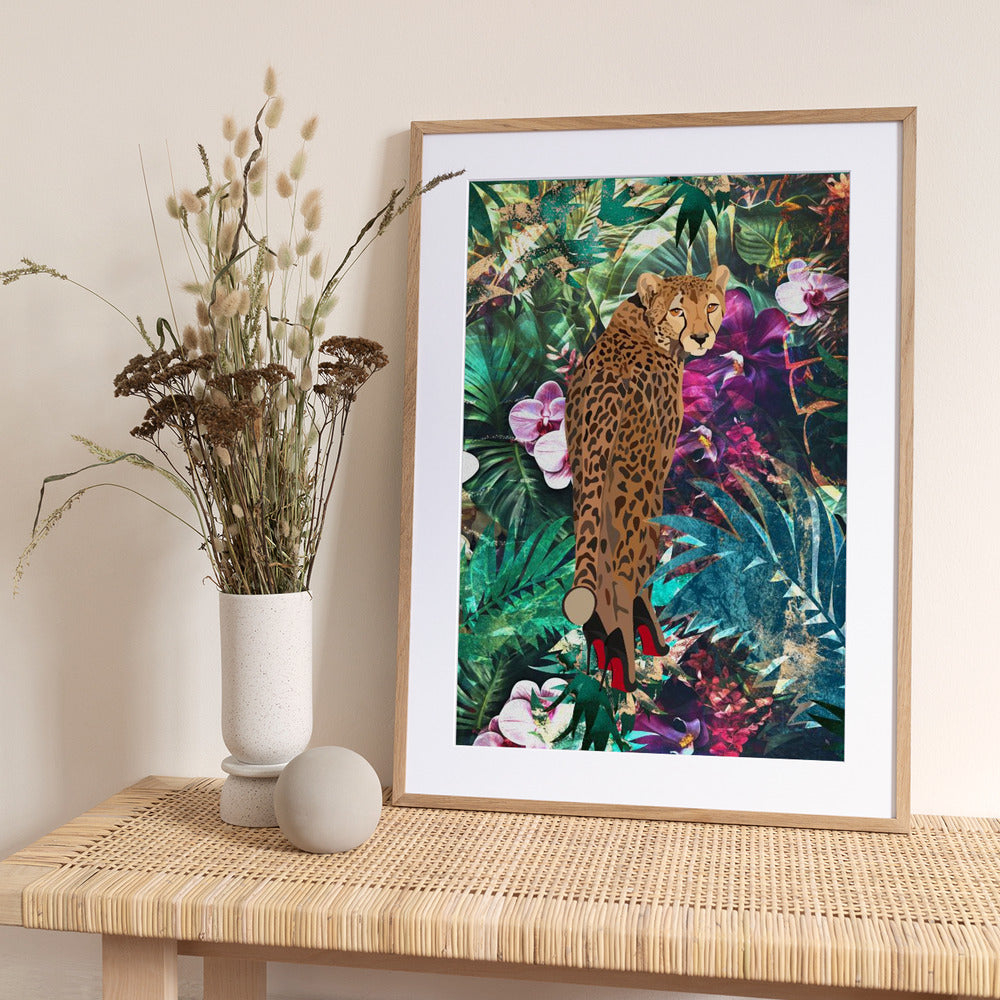 Tropical Floral Jungle - Cheetah in heels - Art Print by Sarah Manovski