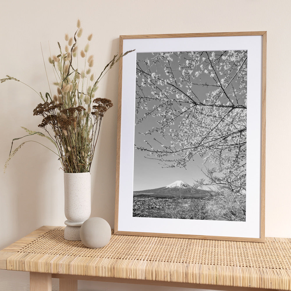 Charming view of Mount Fuji with cherry blossoms - monochrome - Art Print by Melanie Viola