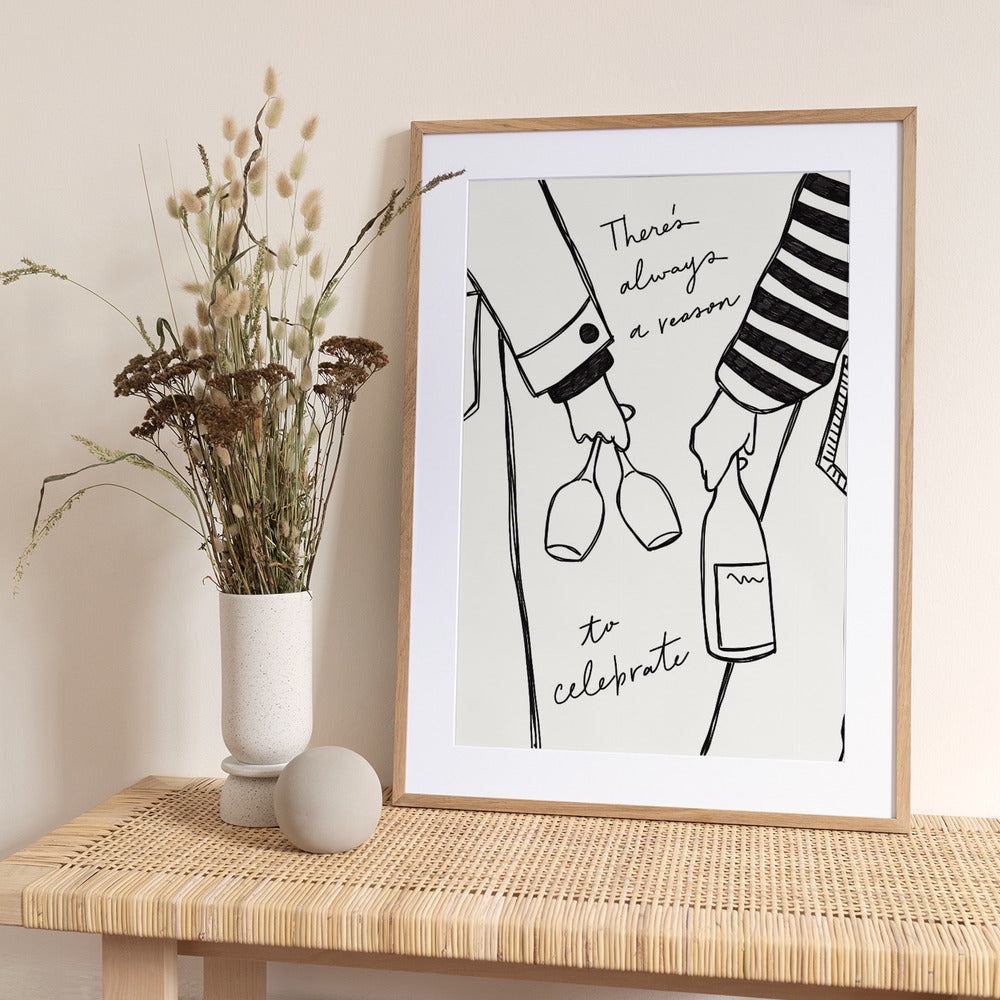 Woman holding wine bottle and wine glass (Black &amp; White) - Wine Vin Femme Noir et Blanc - Art Print by Rio Soléy