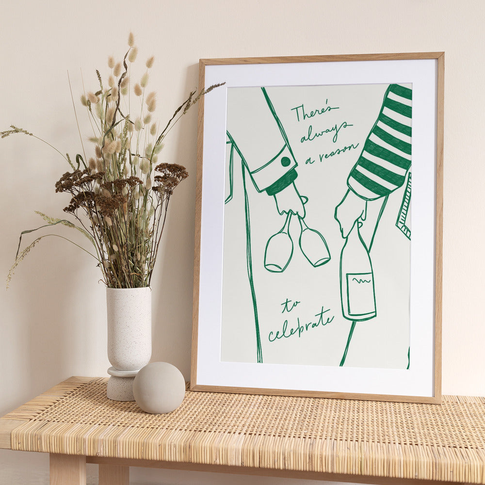 Woman holding wine bottle and wine glass (Green) - Wine Vin Femme Vert - Art Print by Rio Soléy