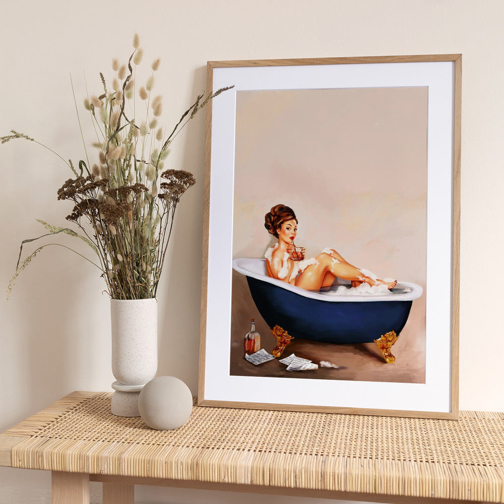 Bathtub Drinks: Pinup Girl Drinking In Bathroom - Art Print by The Whiskey Ginger