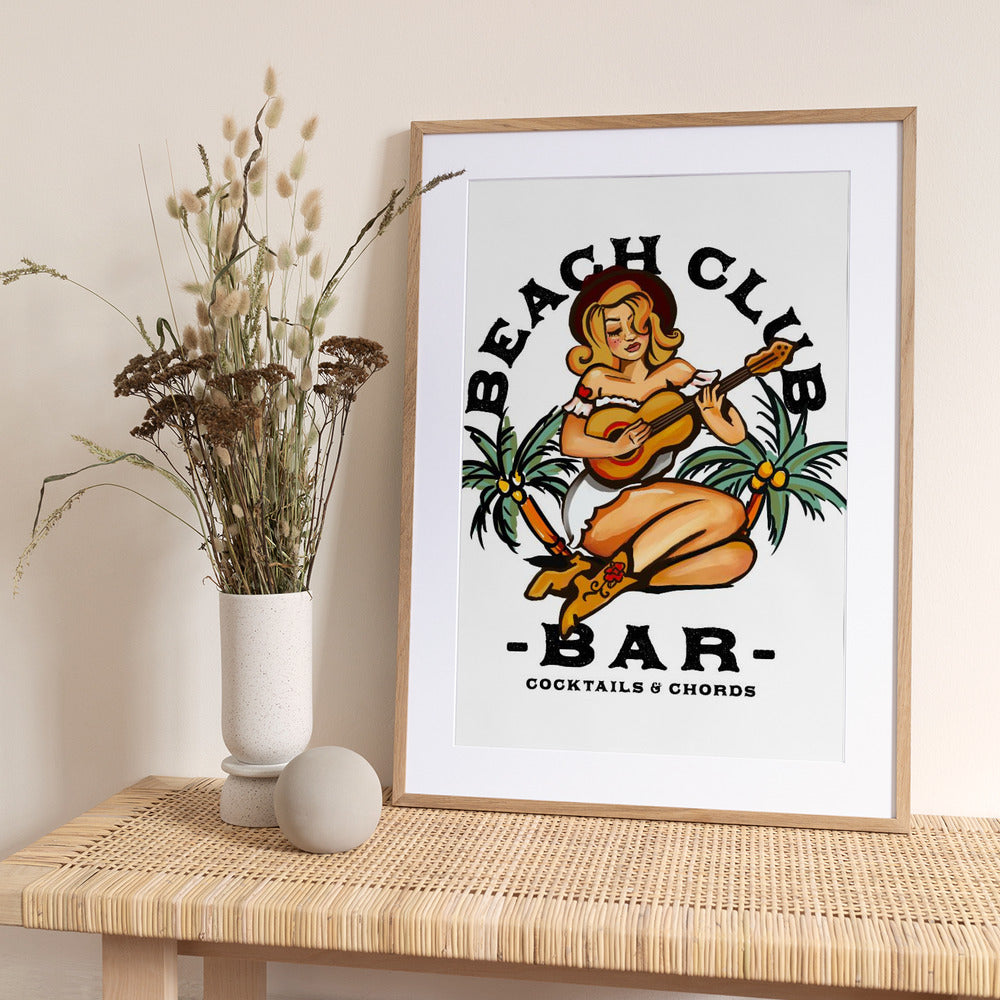 Beach Club Bar. Sailor Jerry Style Pin-up Girl Playing Guitar - Art Print by The Whiskey Ginger