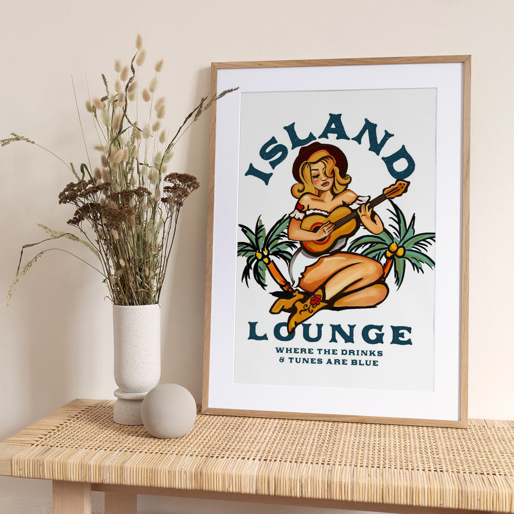 Island Lounge Tropical Pin Up Girl Playing Guitar - Art Print by The Whiskey Ginger