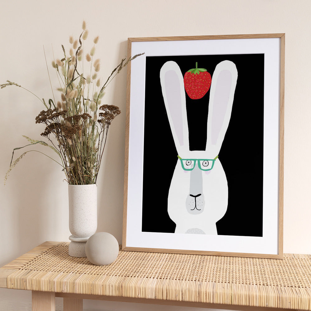 Cute White Rabbit with Strawberry by Artist Carla Daly - Art Print by Carla Daly