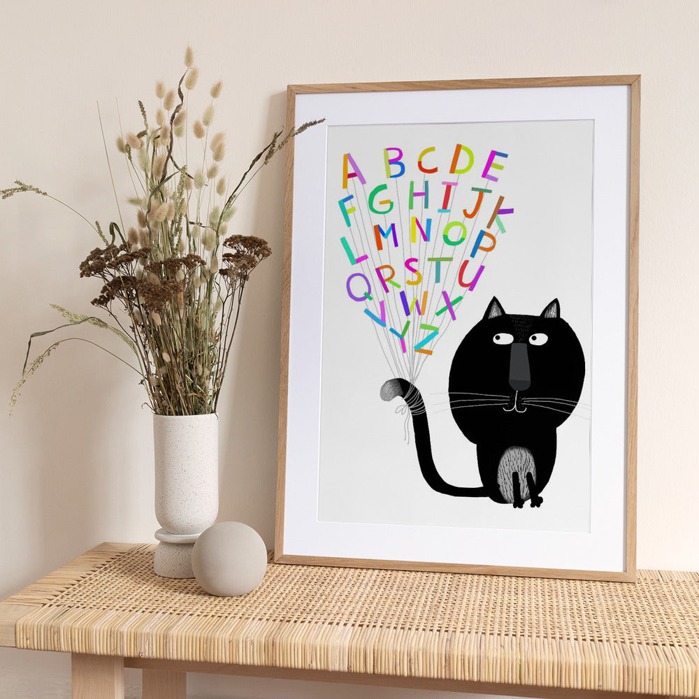Cute Black Cat with Alphabet Letters by Carla Daly - Art Print by Carla Daly
