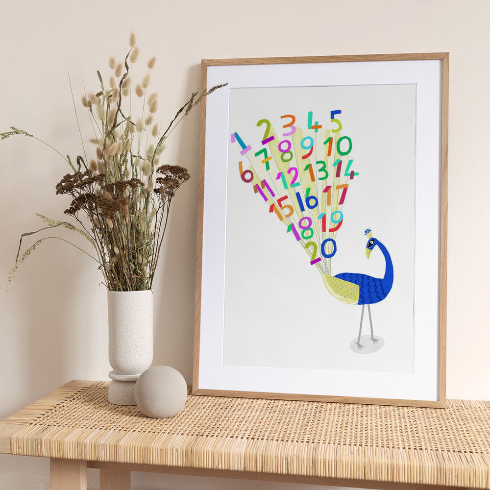 Beautiful Peacock with Numbers 1 to 20 by Carla Daly - Art Print by Carla Daly