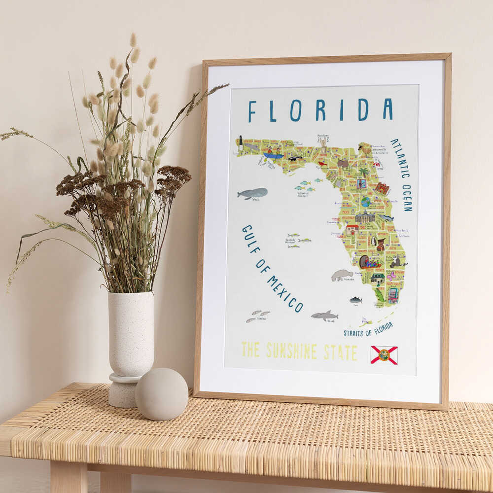 Illustrated Map of Florida by Artist Carla Daly - Art Print by Carla Daly Travel Poster