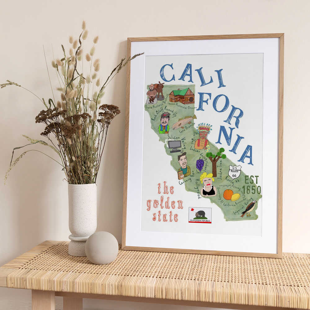 Illustrated Map of California with State Icons by Carla Daly - Art Print by Carla Daly Travel Poster