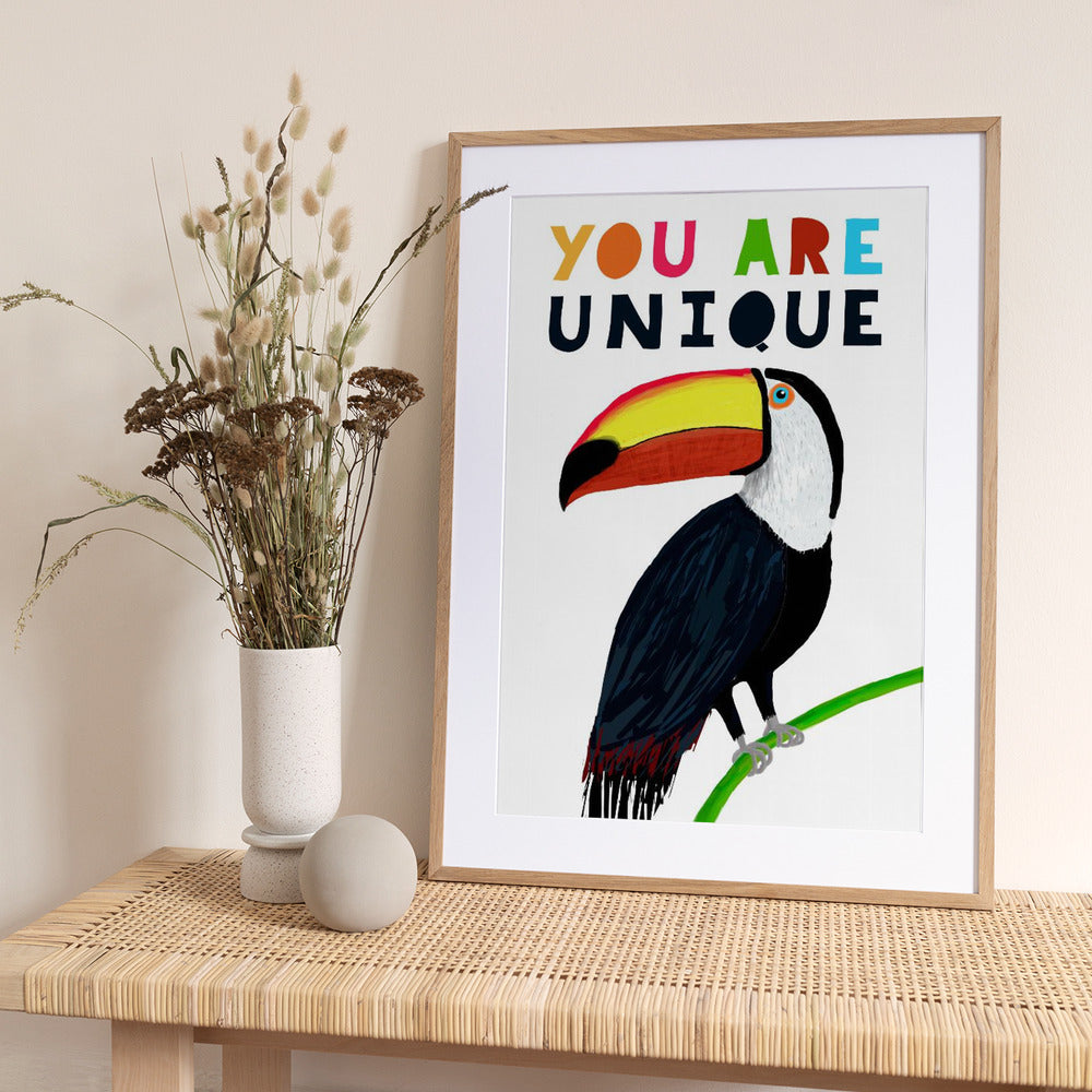 You Are Unique! Colorful Toucan with Colorful Text by Illustrator Carla Daly - Art Print by Carla Daly