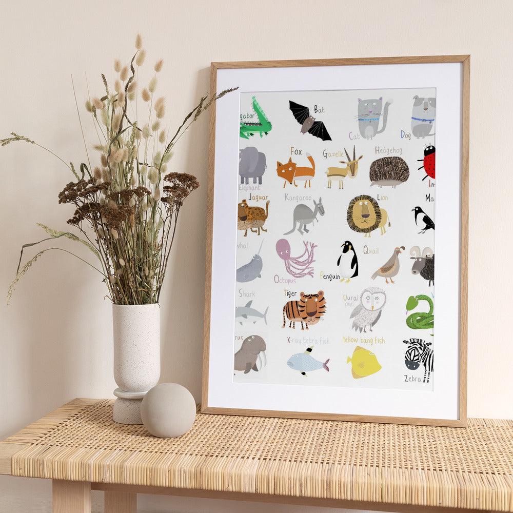 Illustrated Alphabet Animal Letters on White Background by Carla Daly - Art Print by Carla Daly