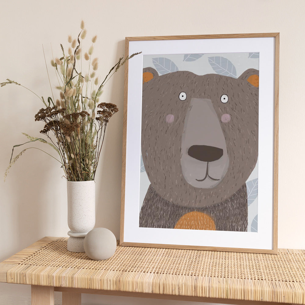 Cute Brown Bear with Grey Leaf Pattern by Artist Carla - Art Print by Carla Daly