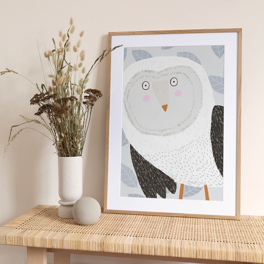 Funny Winter Owl with Grey Leaf Pattern by Artist Carla Daly - Art Print by Carla Daly