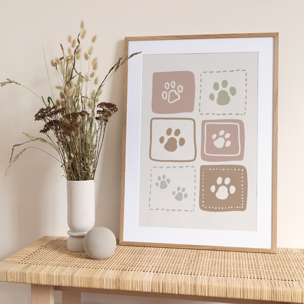 Earthy Pastel Pawprints In Squares - Art Print by Aminah Eleonora