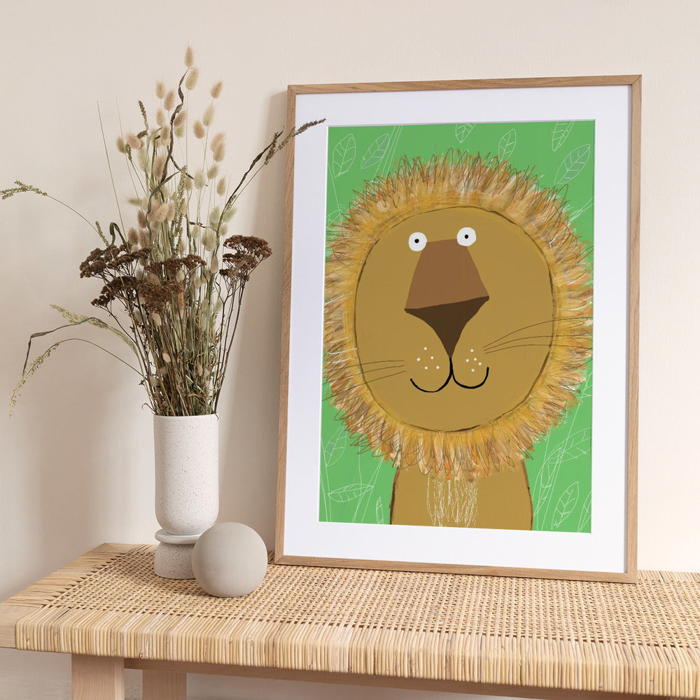 Cute Lion with Green Leaves by Carla Daly - Art Print by Carla Daly