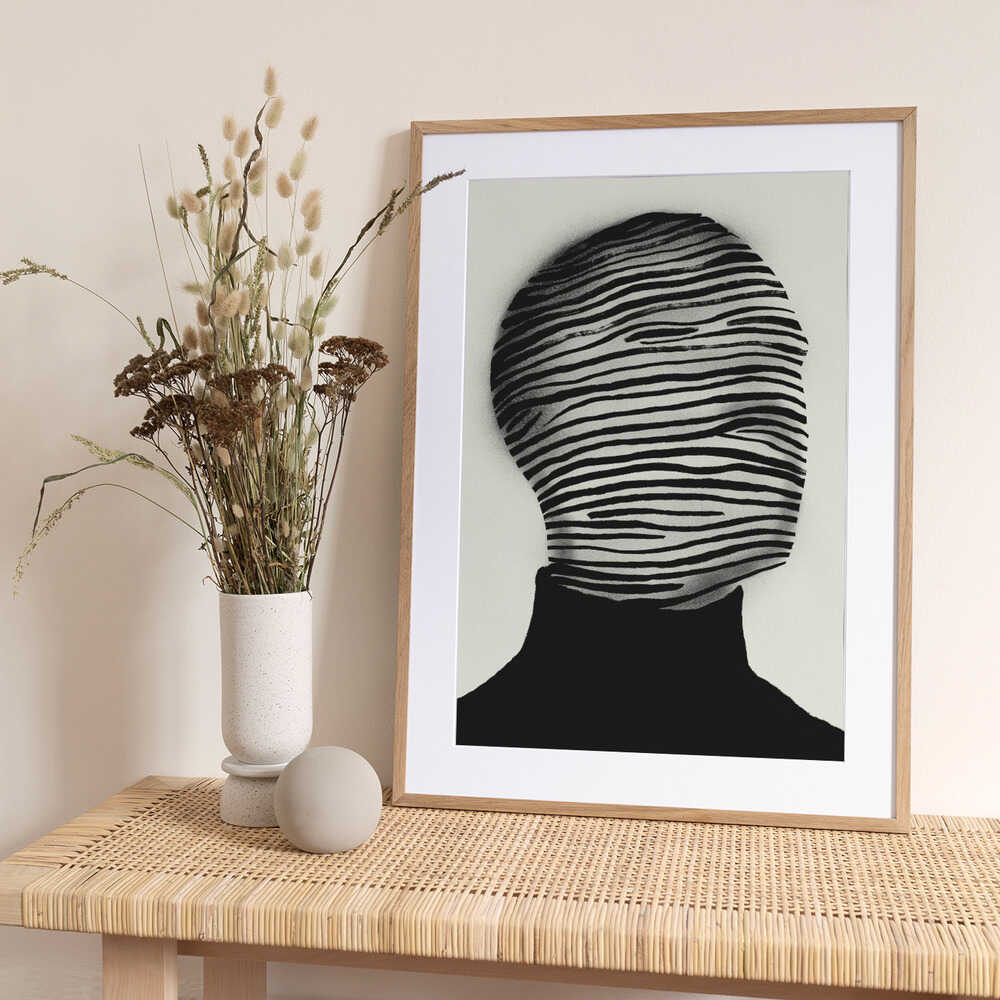 Abstract Head Wrapped In Black And White Stripes - Art Print by Little Dean