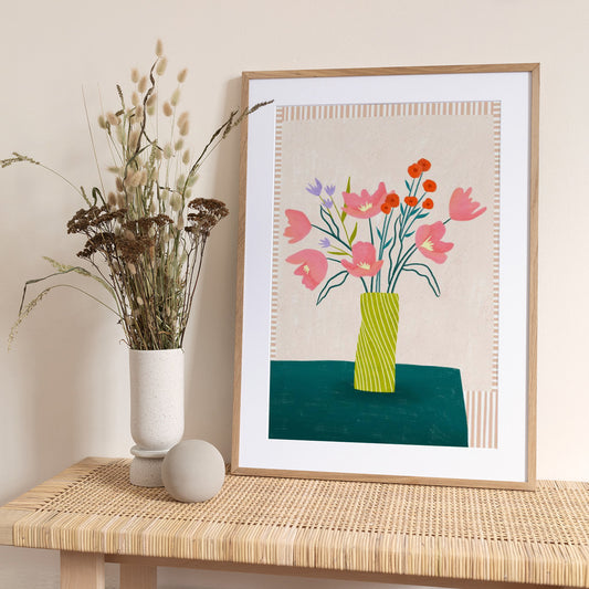 Colorful Blossoms in Stripes - Art Print by Bea Müller