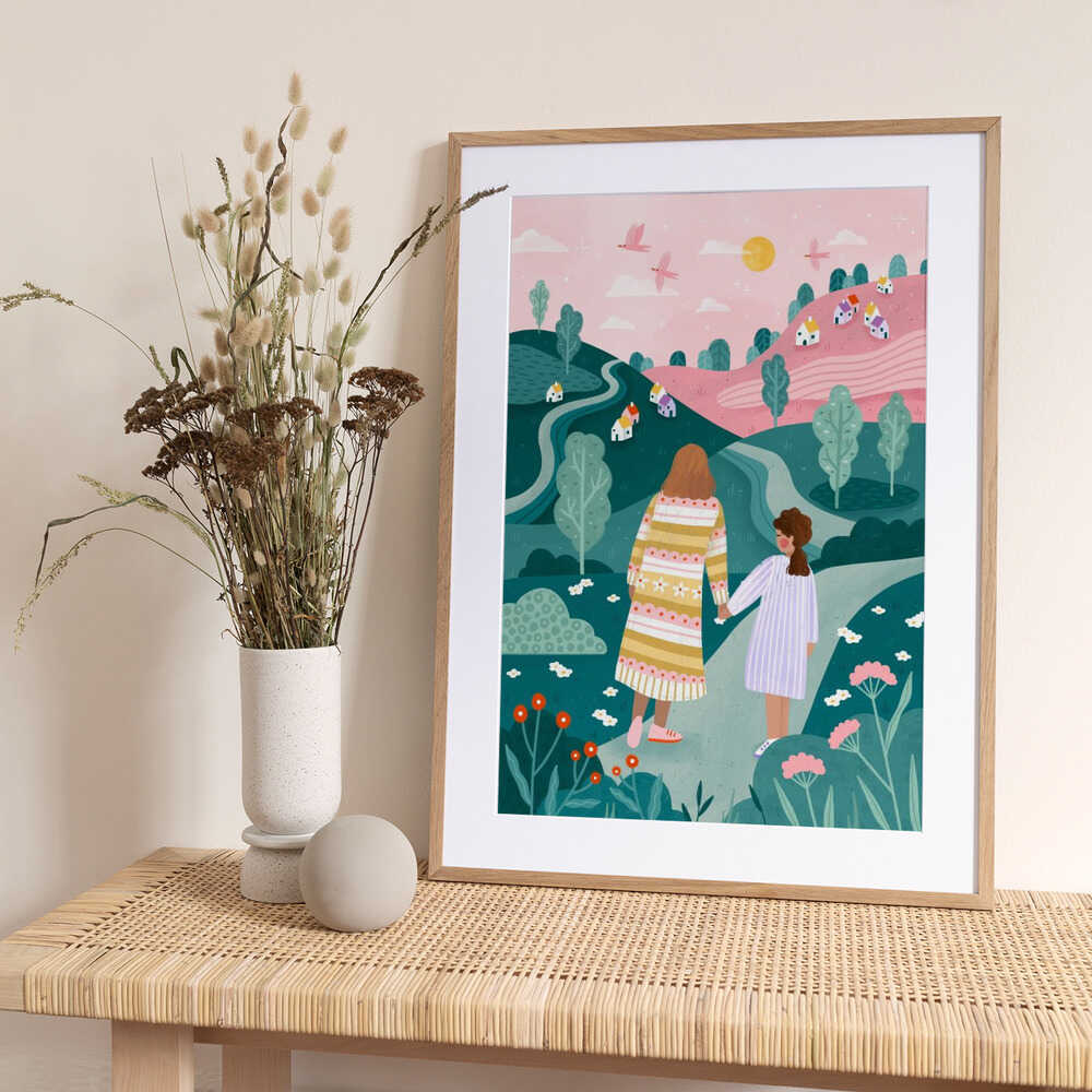 Dreamy Mother Daughter Walk - Art Print by Bea Müller