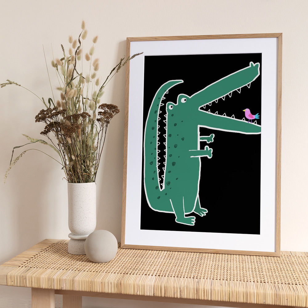 Crocodile with Cute Bird by Carla Daly - Art Print by Carla Daly