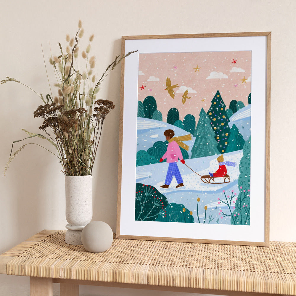 Snowy Sledge Walk - Art Print by Bea Müller