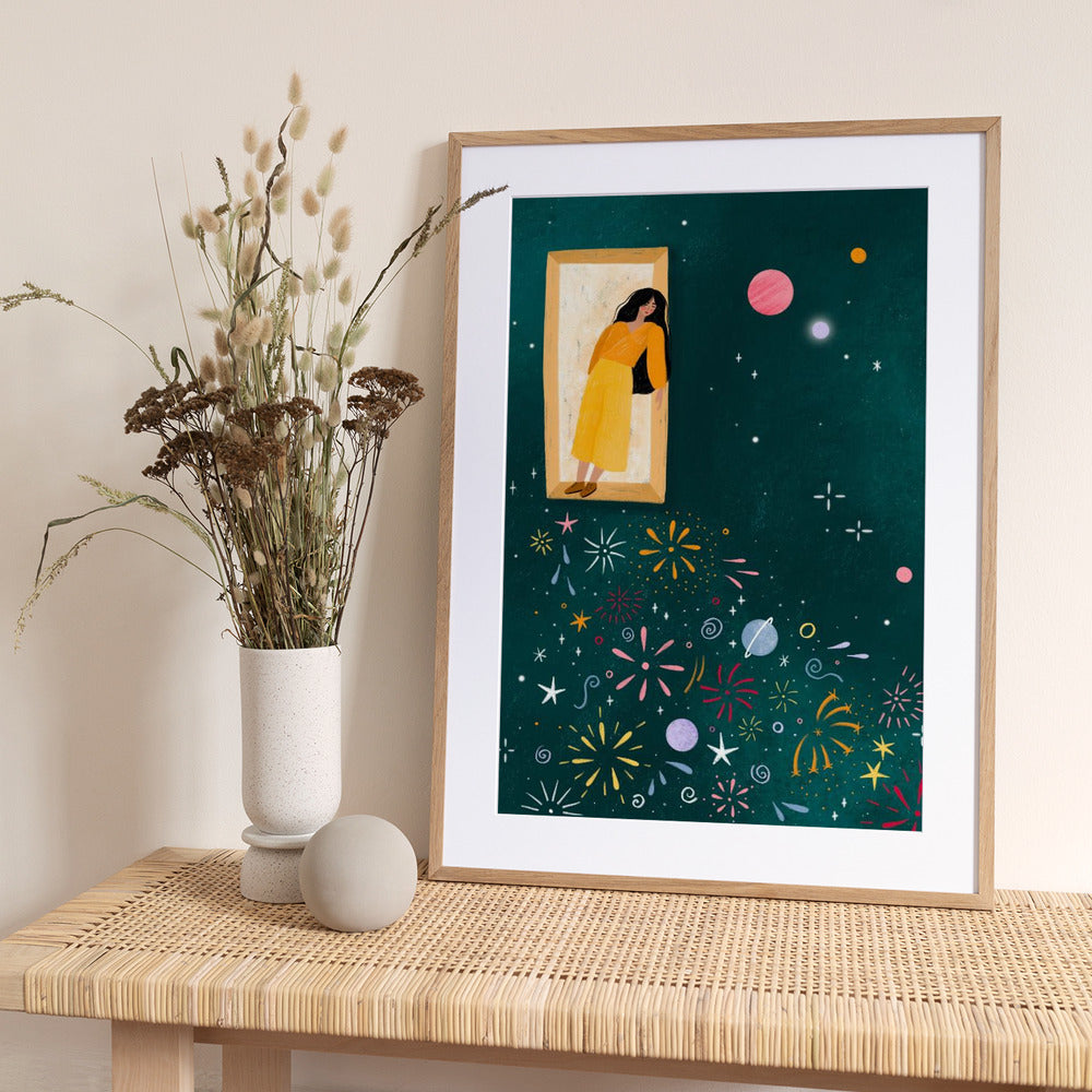 Yellow Dress Leans From A Window - Art Print by Bea Müller