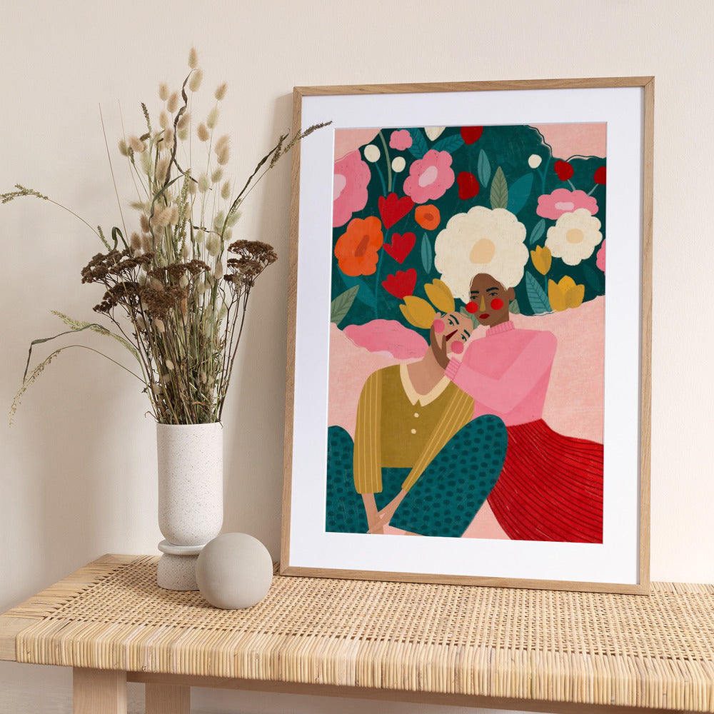 Embracing Couple  In Floral Embrace - Art Print by Bea Müller