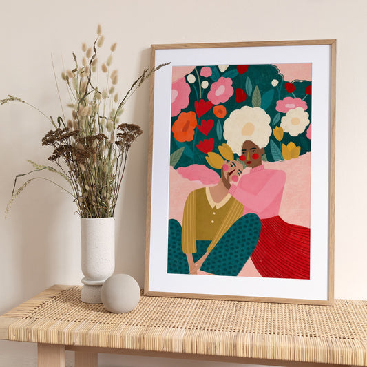 Embracing Couple  In Floral Embrace - Art Print by Bea Müller
