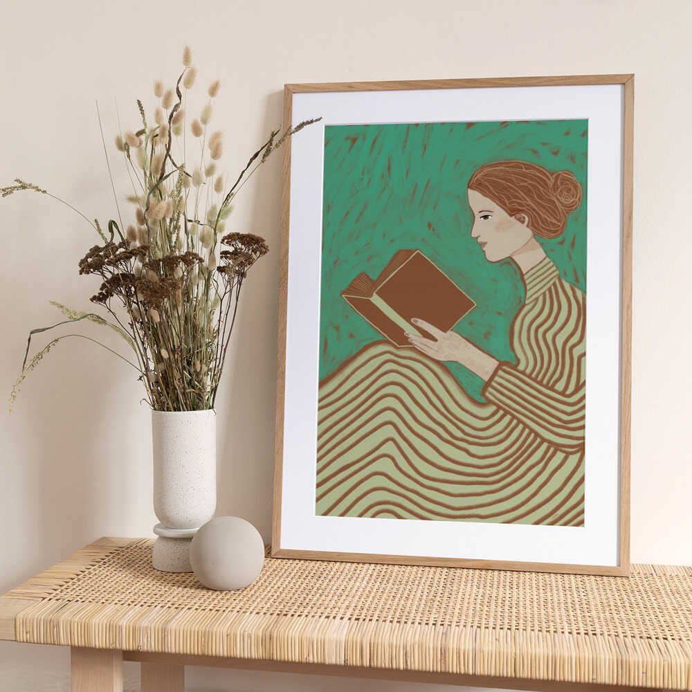 Lady reading striped dress - Art Print by Sharyn Bursic