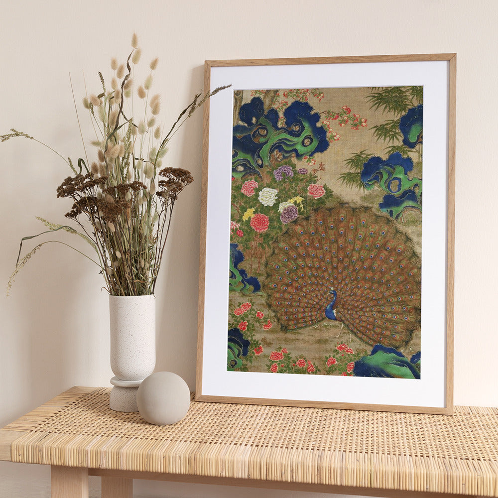 Chinese Peacock and Flowers (17th Century) - Art Print by Vintage Japanese