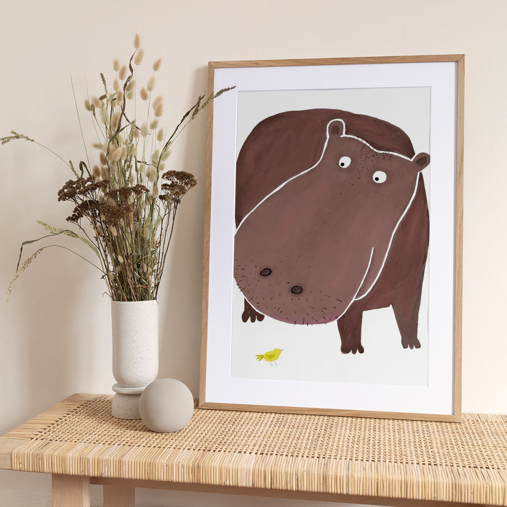 Cute Hippo With Small Bird - Art Print by Carla Daly