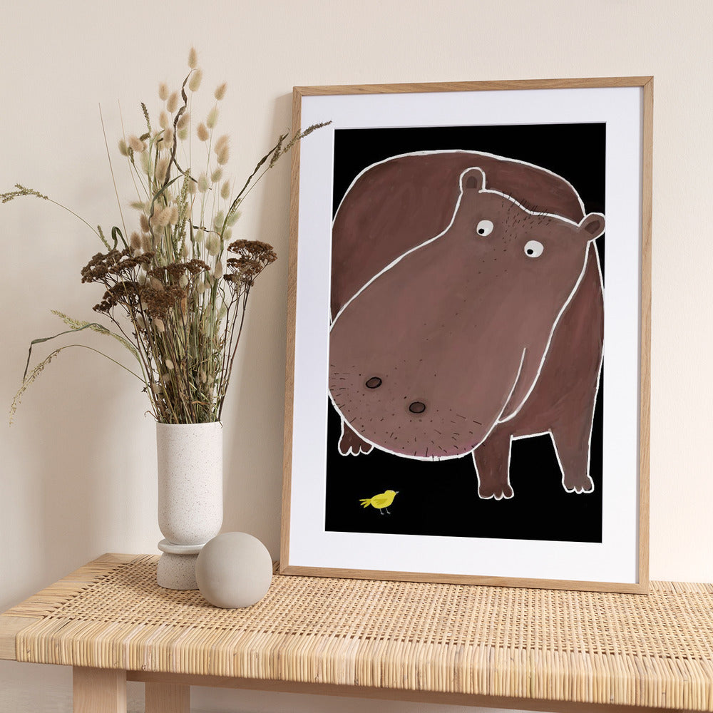 Cute Hippo With Small Bird - Art Print by Carla Daly