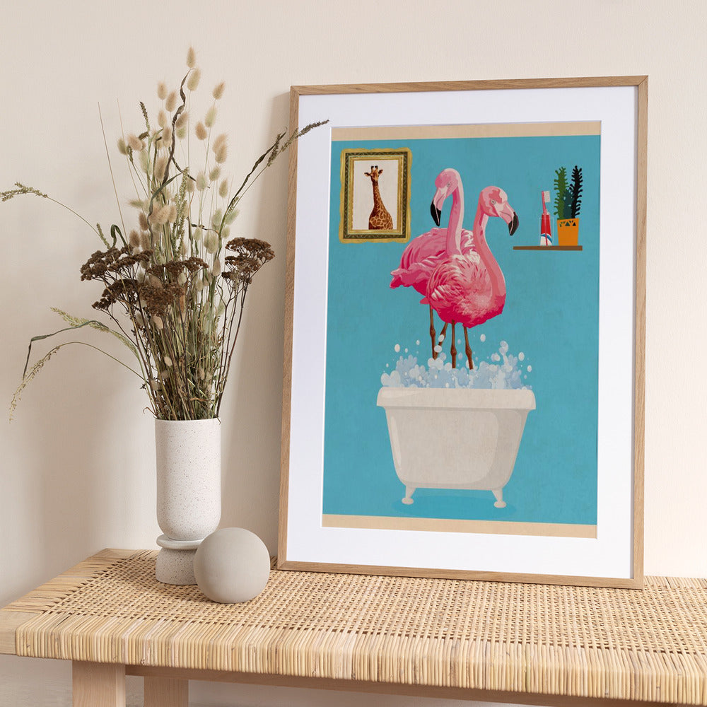 Flamingos In Bath - Art Print by WallChart Art Studio