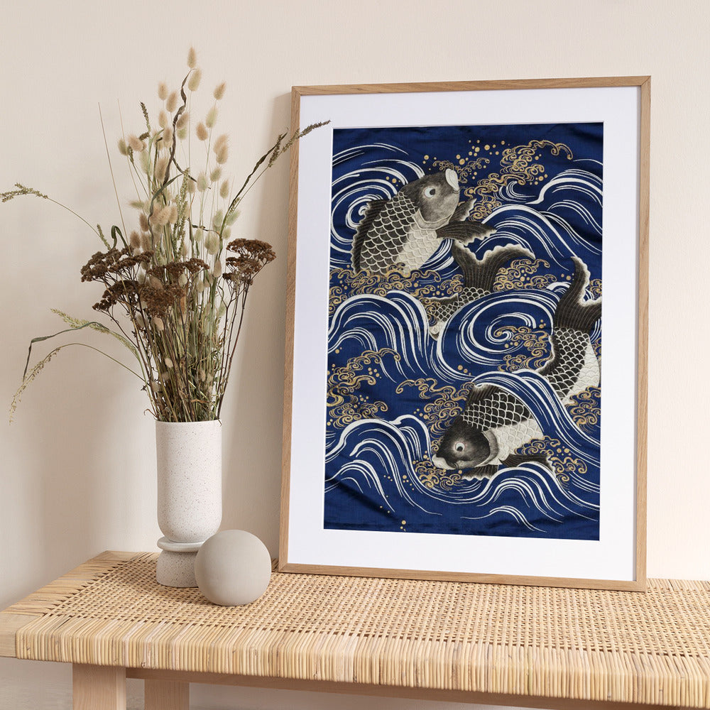 Carp In Waves During Meij Period - Art Print by Unknown