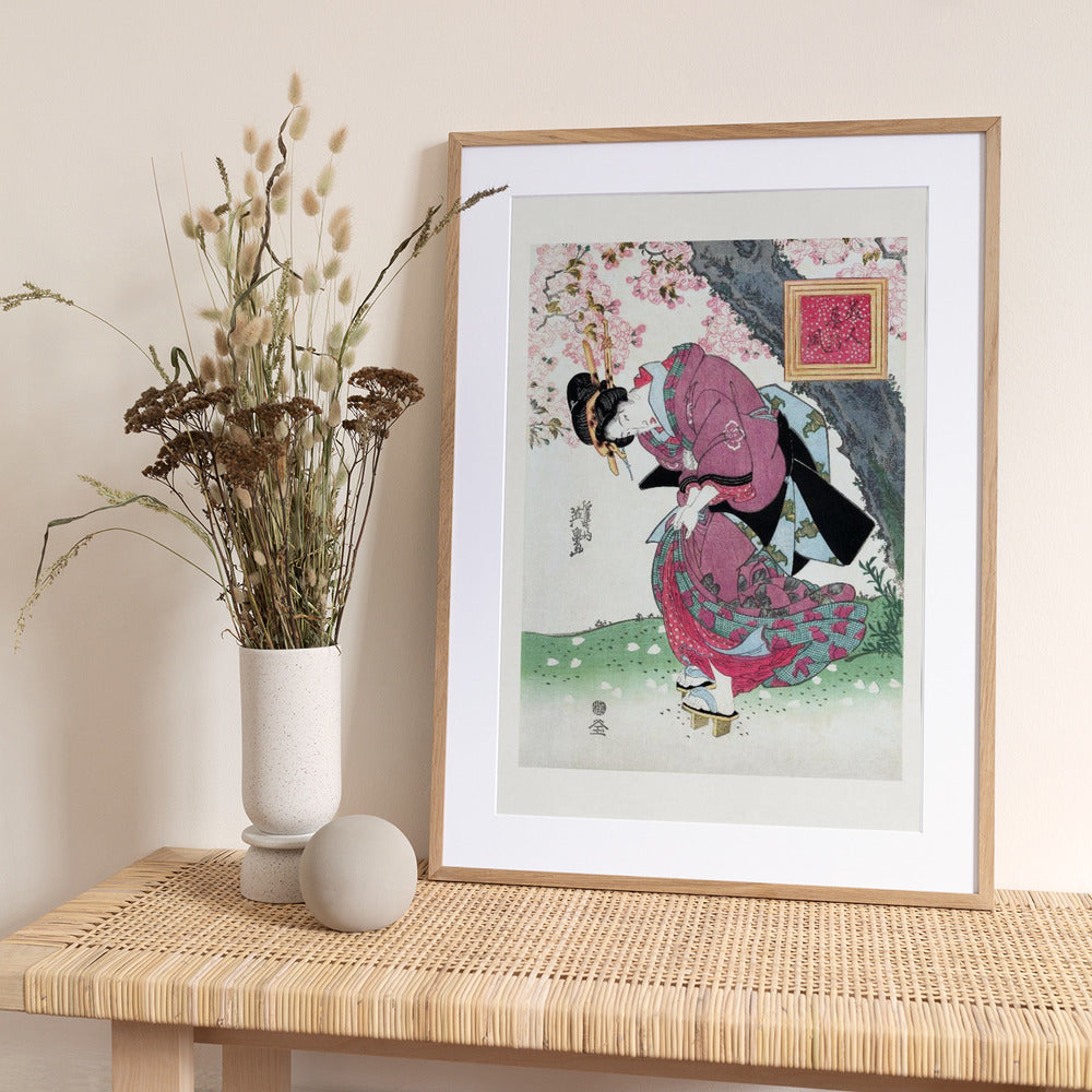 Japanese Woman and Cherry Blossom (1828) Vintage Woodblock Prints With Boarder - Art Print by Keisai Eisen