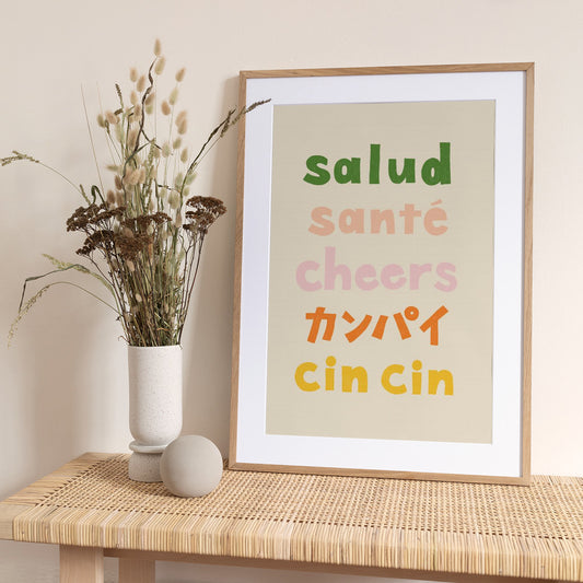 Cheers Typography - Salud Santé Cheers Kanpai Cin cin - Art Print by Rio Soléy