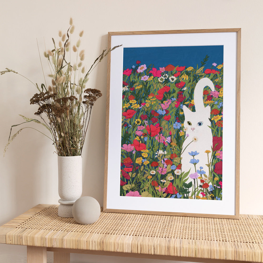 White Cat in the Wildflowers - Art Print by EC Mazur