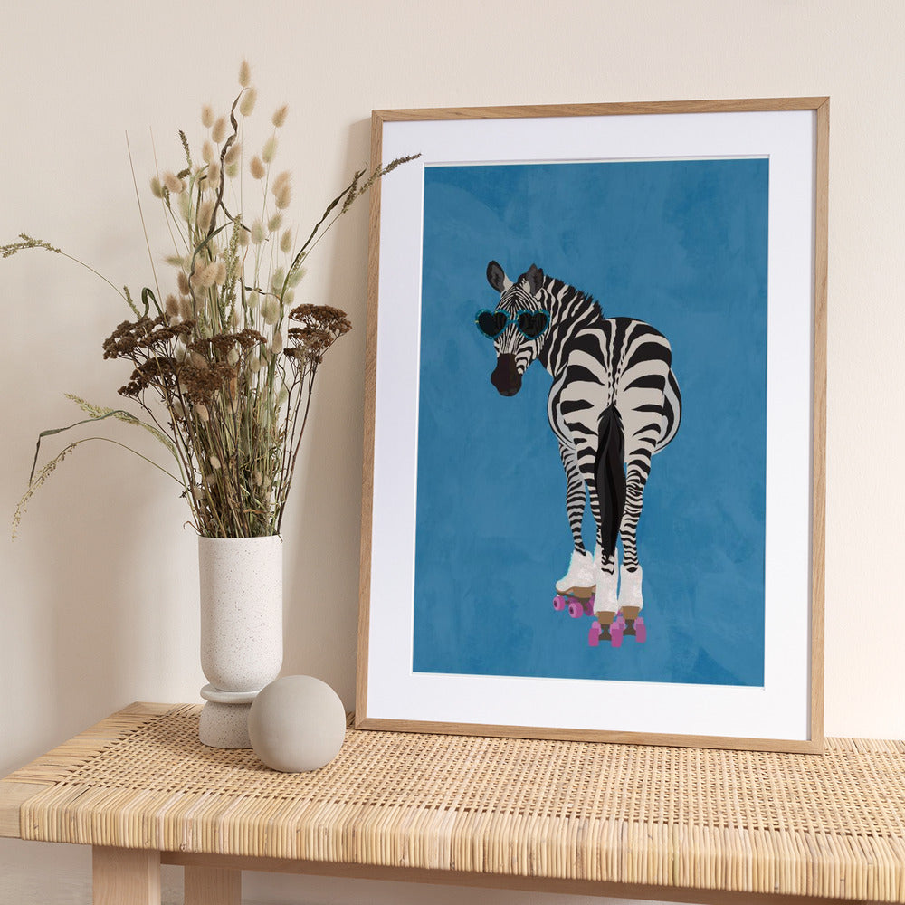 Rollerskating Zebra blue - Art Print by Sarah Manovski