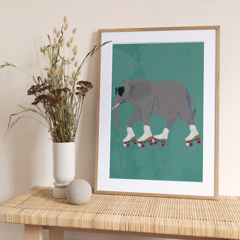 Elephant Rollerskating teal - Art Print by Sarah Manovski
