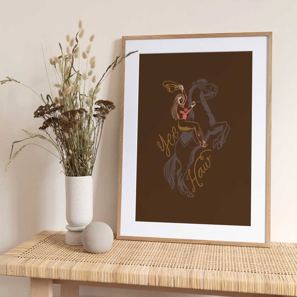 Cowgirl Riding A Rearing Horse - Art Print by Nikita Jariwala