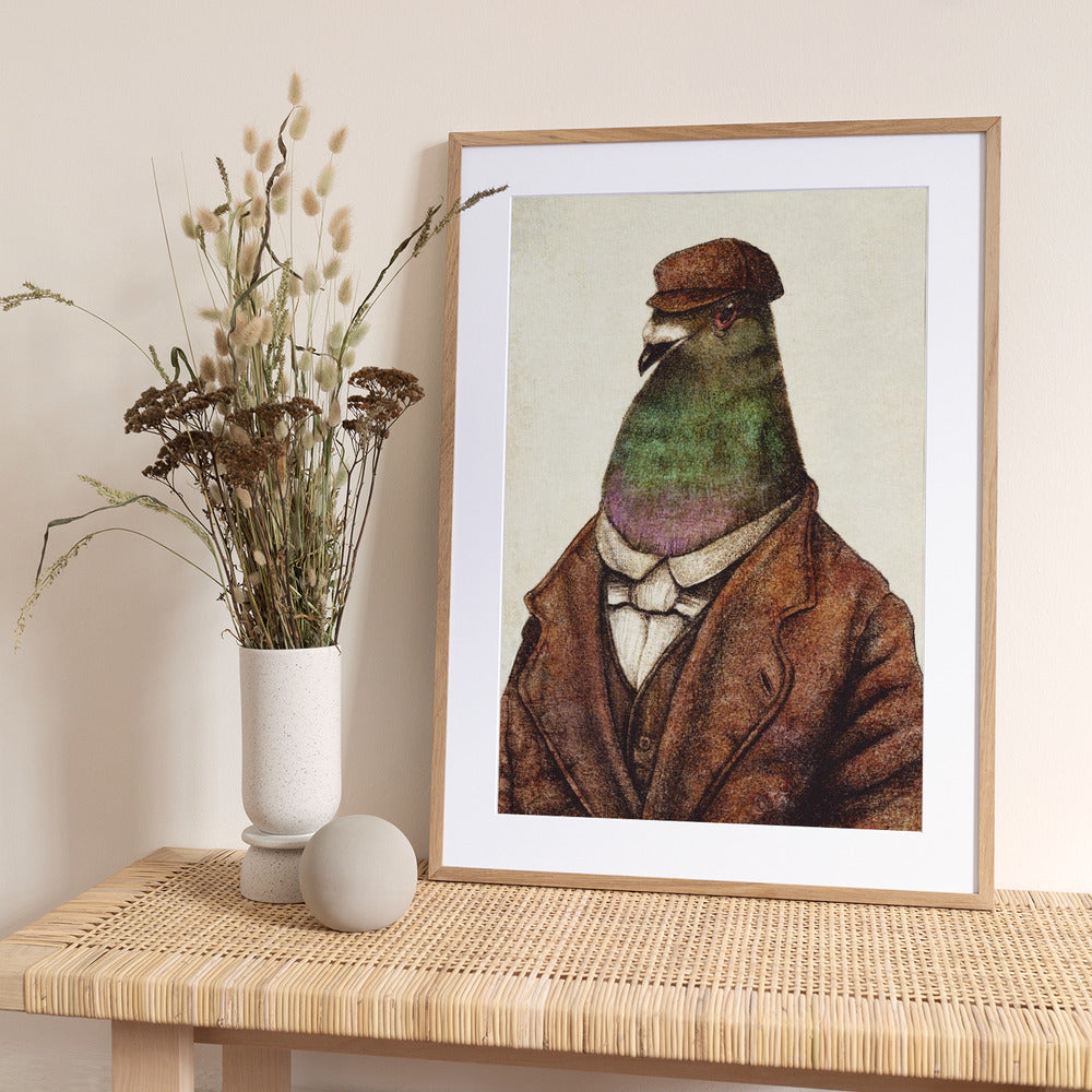 Pigeon Dressed In Vintage Attire - Art Print by Mike Koubou