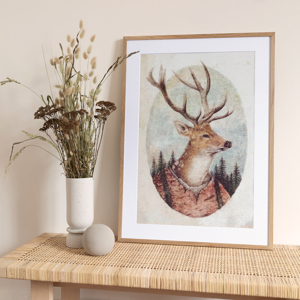 Deer In A Rustic Outfit - Art Print by Mike Koubou