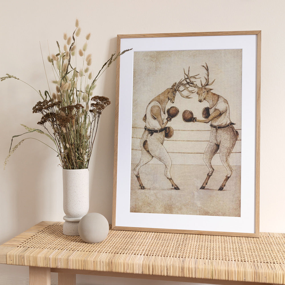 Deer Fight Vintage Style - Art Print by Mike Koubou