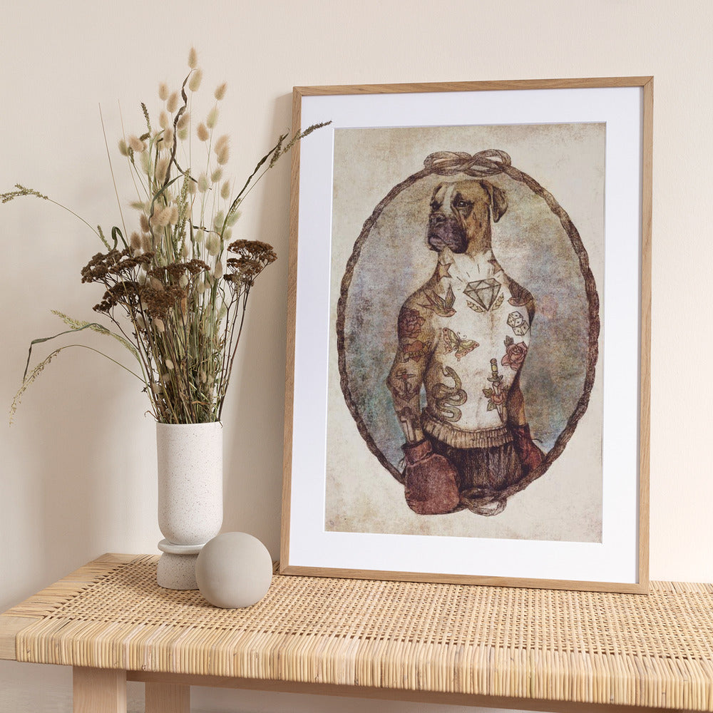 Tattooed Boxer Pup - Art Print by Mike Koubou