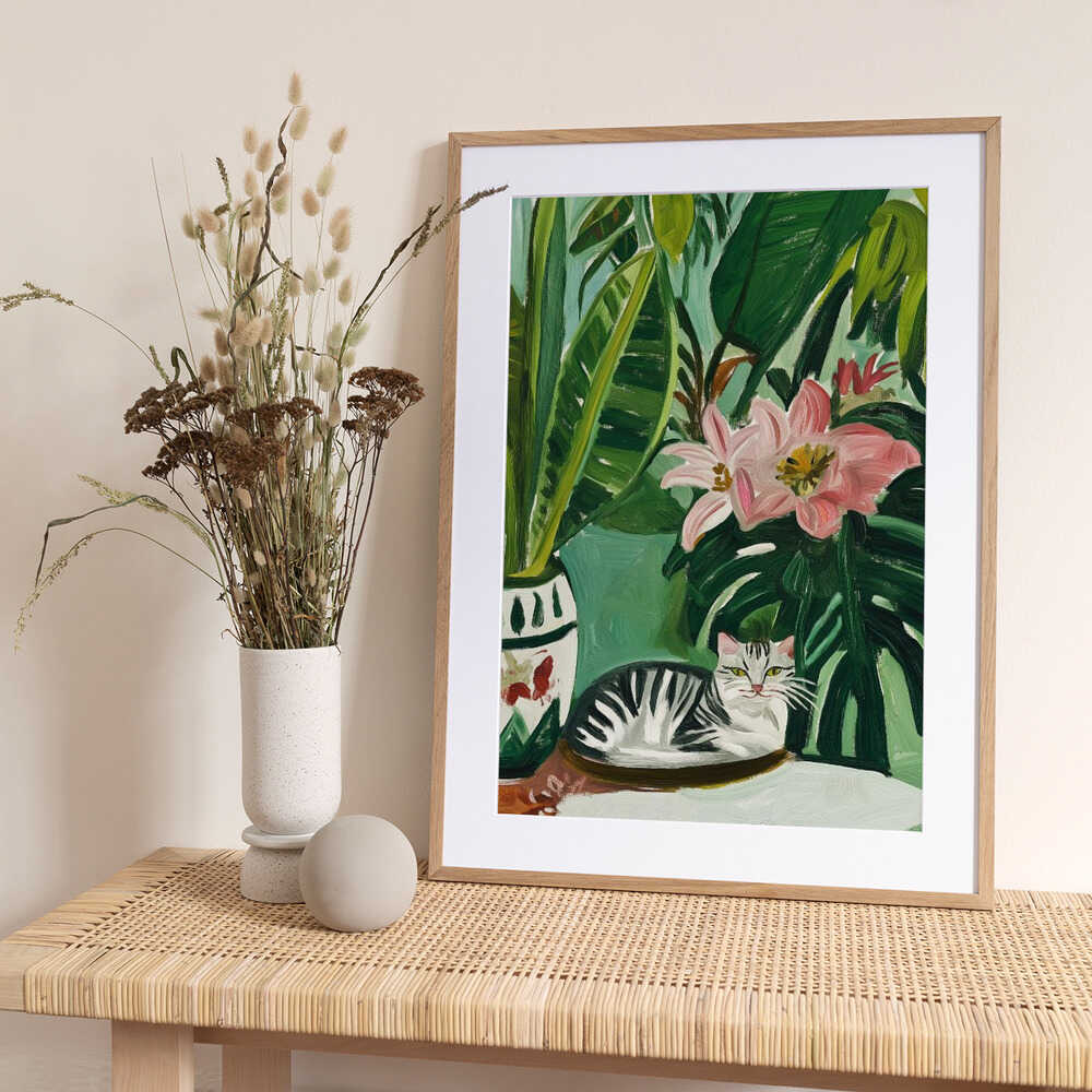 Tropical Muse With Cat - Art Print by SHANDU