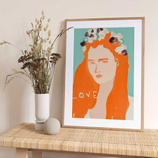 Woman with Orange Hair Adorned with Flowers - Art Print by Beate Tubach
