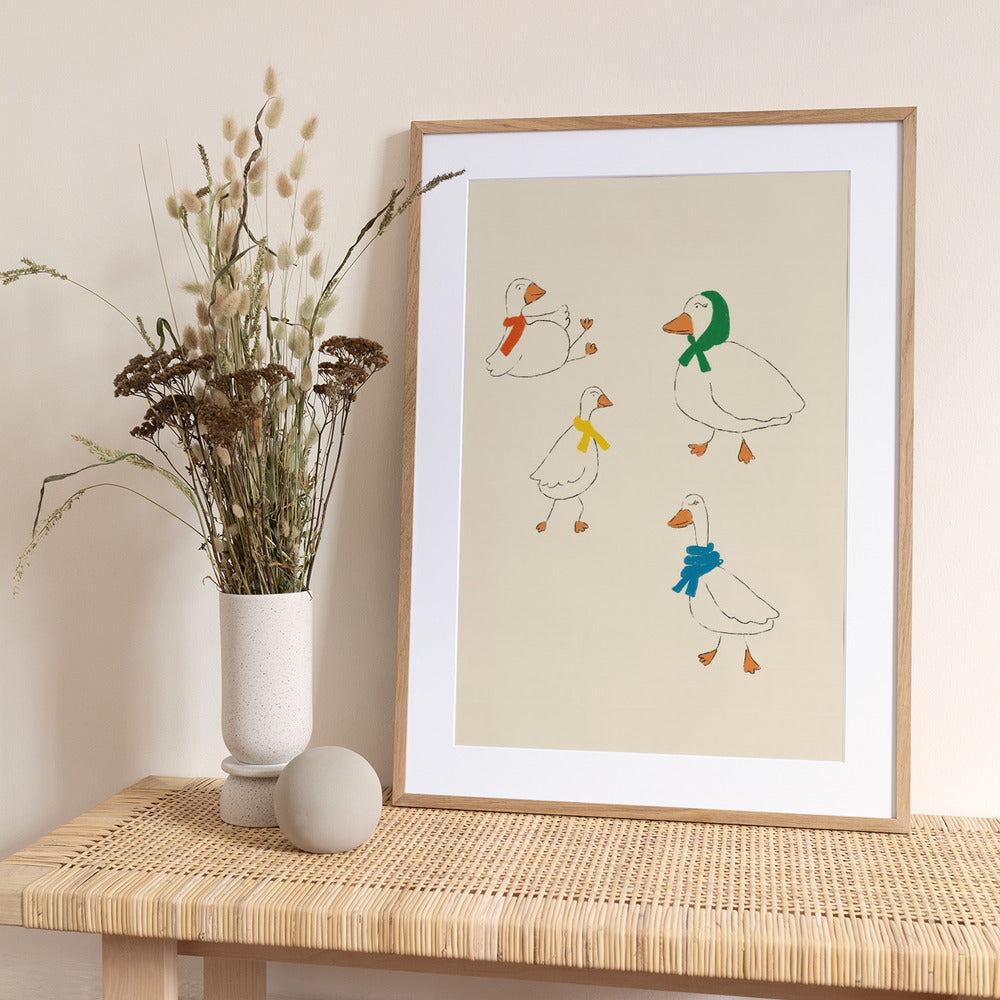 Ducks Adorned in Colorful Scarves - Art Print by Anna Mielniczuk